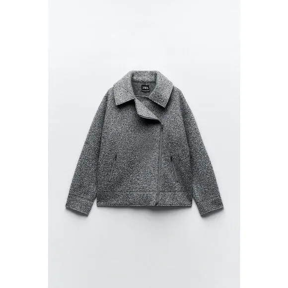 Zara Boucle Women's Gray Asymmetric Zip Collared Oversized Over Coat Jacket Sz S - Picture 5 of 8